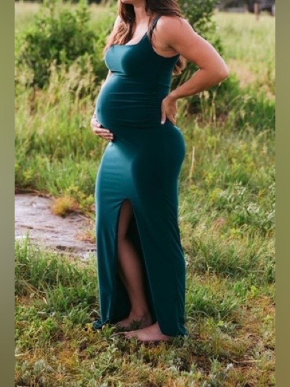 Club L London Bottle Green Square Neck Maternity Maxi Dress with Split- size 4